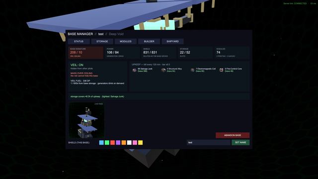 The Deep Black base manager interface, showing power, shield, storage and upkeep readouts.