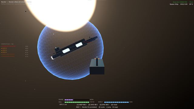 A ship in orbit of a blue planet in Deep Black, with a contacts list showing hostiles and wrecks.
