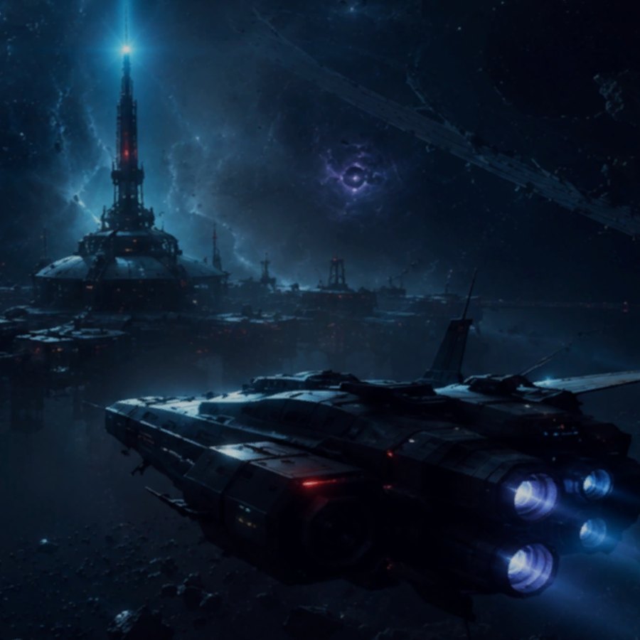 A capital ship on approach to an Authority station, lit by a blue nebula.