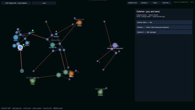 The Deep Black galaxy map, showing star systems linked by jump routes with a system info panel.
